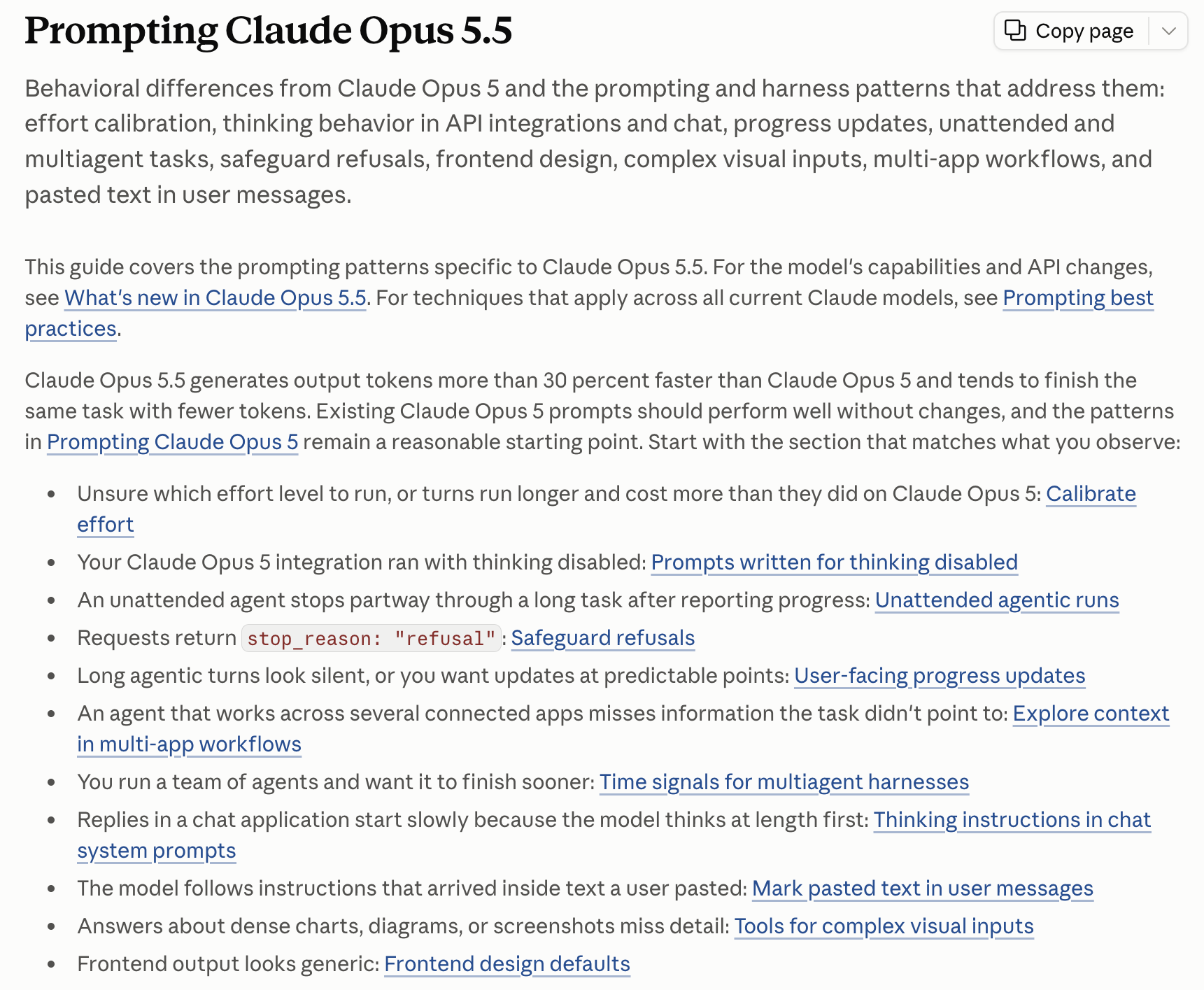 앤트로픽 공식 문서 Prompting Claude Opus 5.5 첫 화면, 증상별로 읽을 섹션을 안내하는 목록