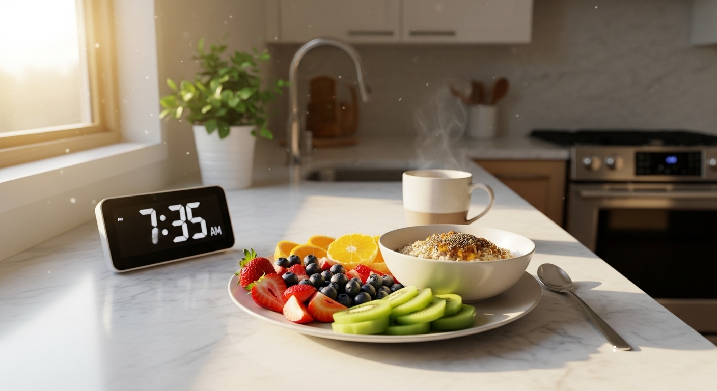 아침 8시 이전 햇살이 잘 드는 곳에서 건강한 아침 식사를 하는 모습