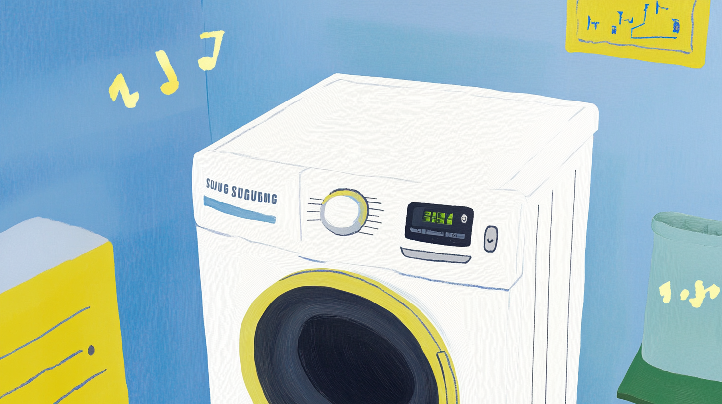 삼성 세탁기의 소음 감소 기능을 설명하는 인포그래픽, 사라지는 소리 파동, 평화로운 야간 환경 연출