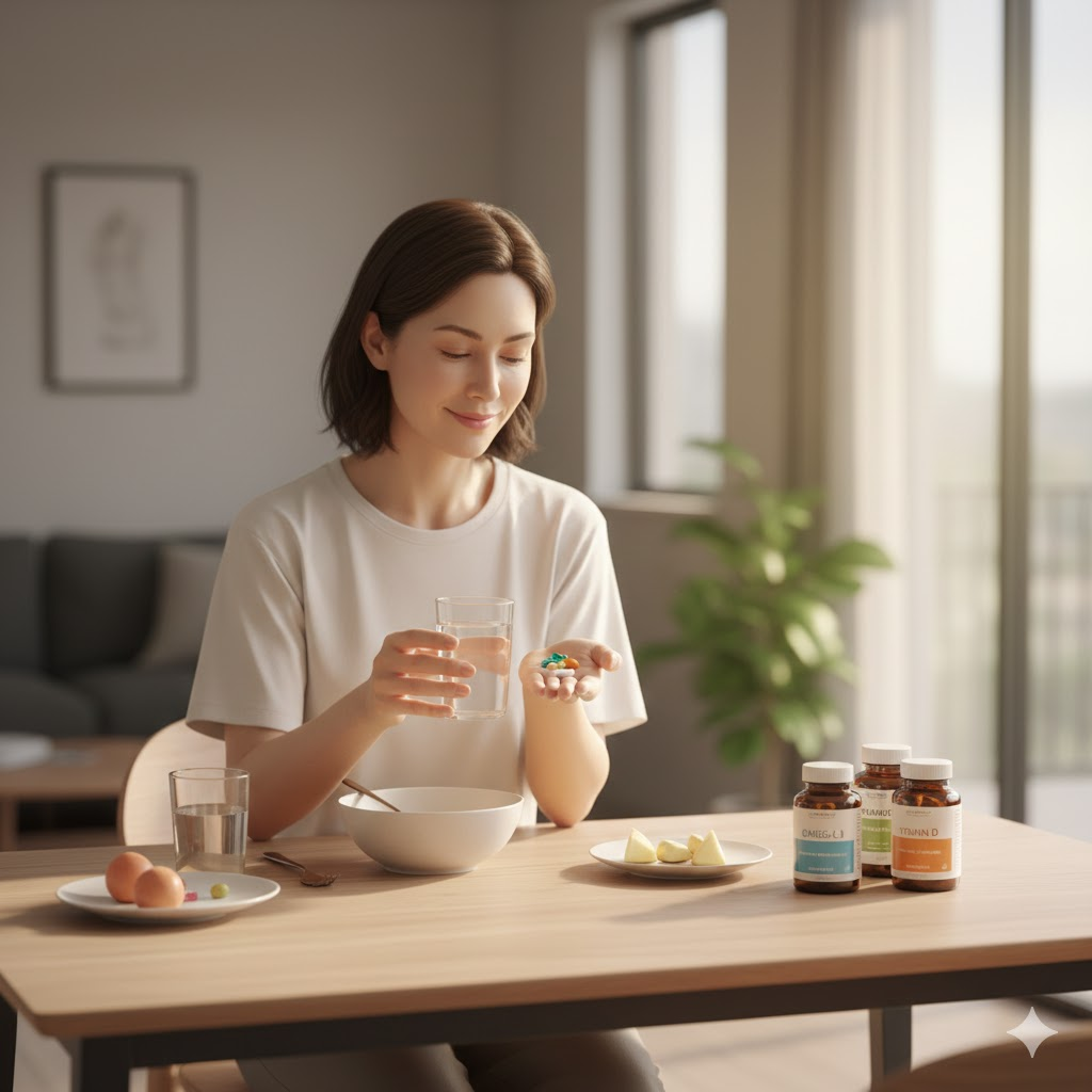 정갈한 식사 자리 옆에 놓인 영양제 병들, 식사를 마친 후 바로 섭취하는 모습