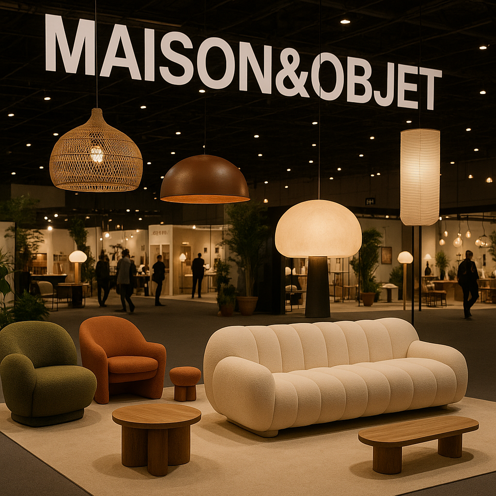 메종 오브제 전시장 내부, 흰색 곡선 소파와 원목 테이블, 라탄과 금속 조명이 어우러져 따뜻하고 포근한 분위기를 연출한다.