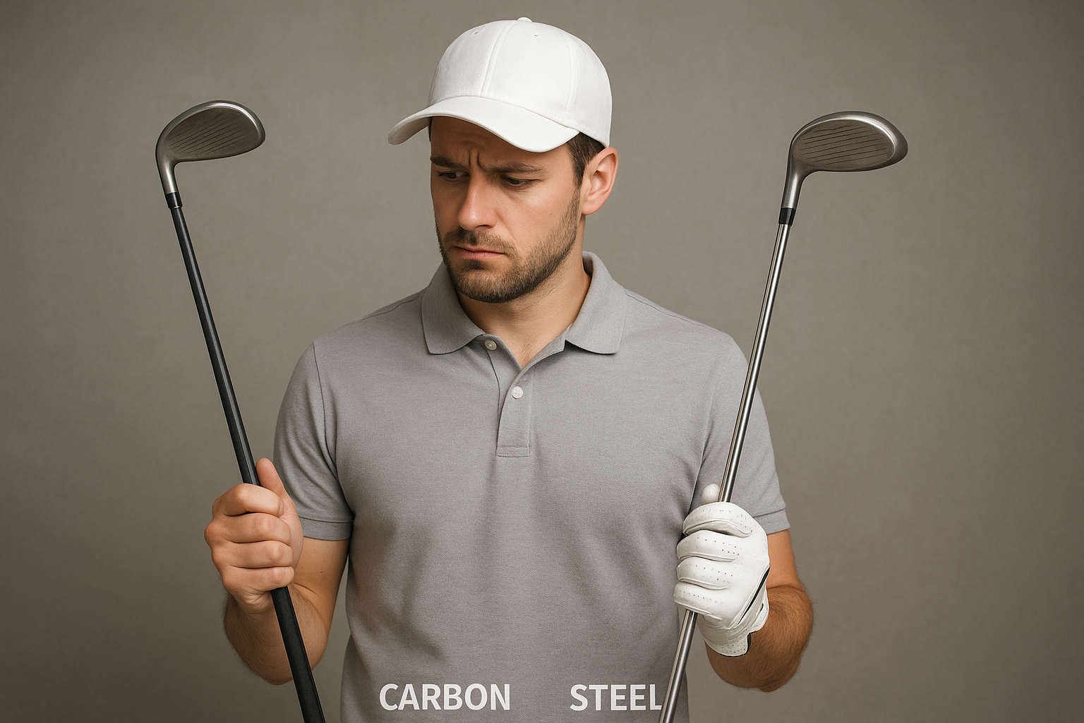 카본 vs 스틸 샤프트 두개 샤프트들고 고민하는 남자 골퍼