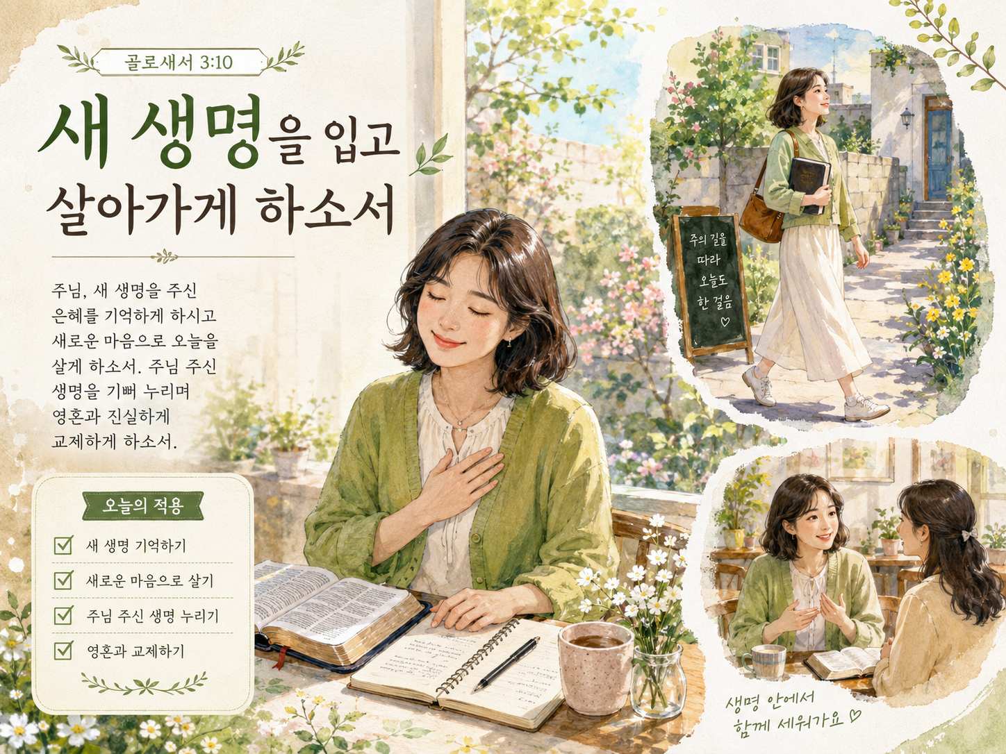 골 3:10 말씀에서 새로운 생명을 가진 자로서 살아갈 수 있기를 기도하며, 내가 새 생명을 가진 자로서 새로운 마음으로 주님 주신 생명을 누리는 자가 되길 기도하며 영혼과 교제하려는 적용을 하는 모습입니다.