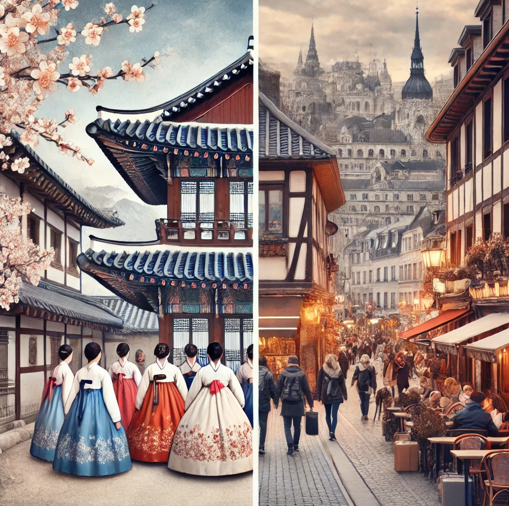 국내여행과 해외여행이 대비되는 사진