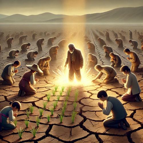 벼 씨앗을 심는 마을 사람들