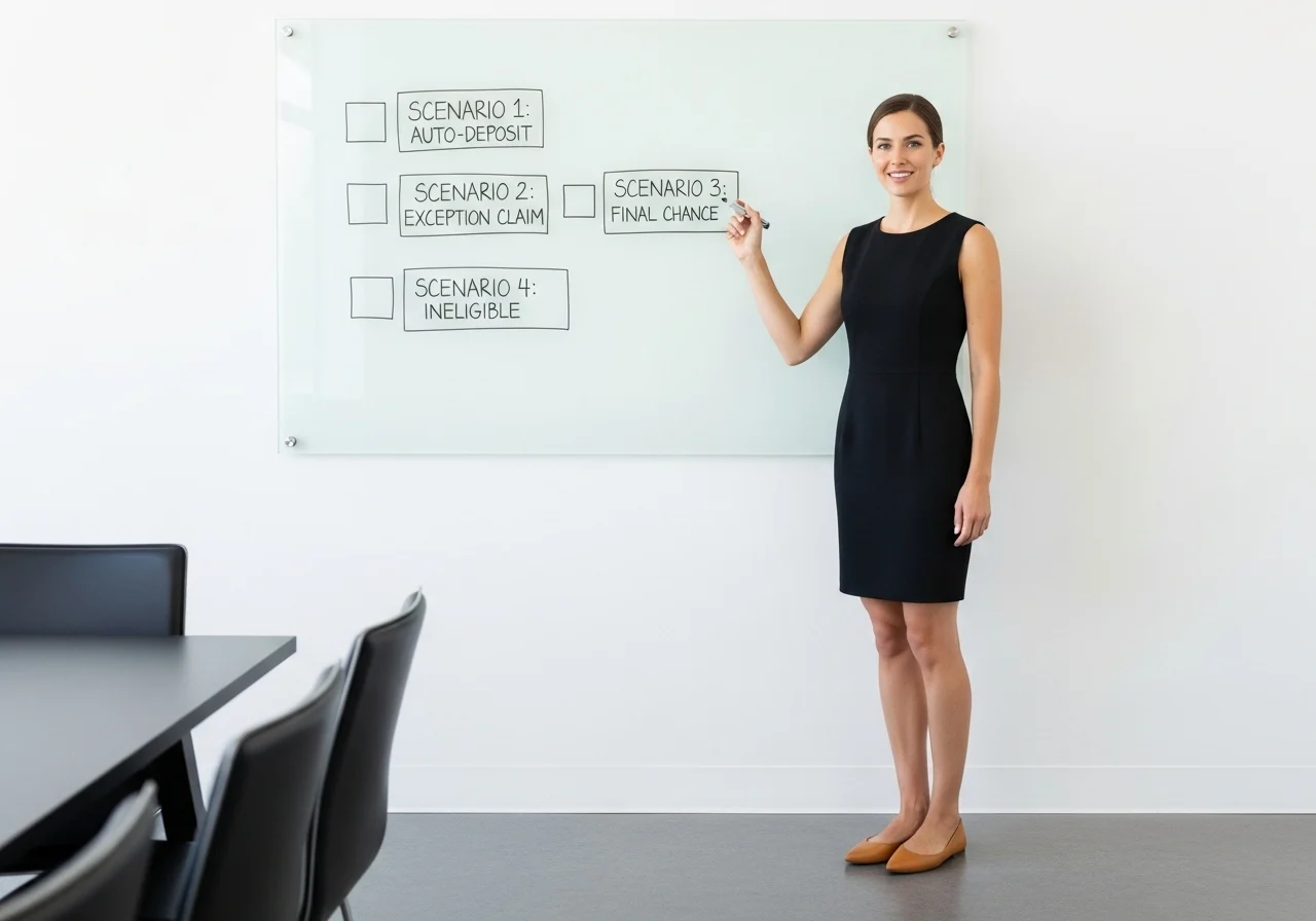 젊은 서양인 여성이 미니멀한 회의실에서 투명한 유리 보드에 'SCENARIO 1, 2, 3, 4'라고 쓰인 4개의 박스를 그리며, 명쾌하게 설명하고 있다