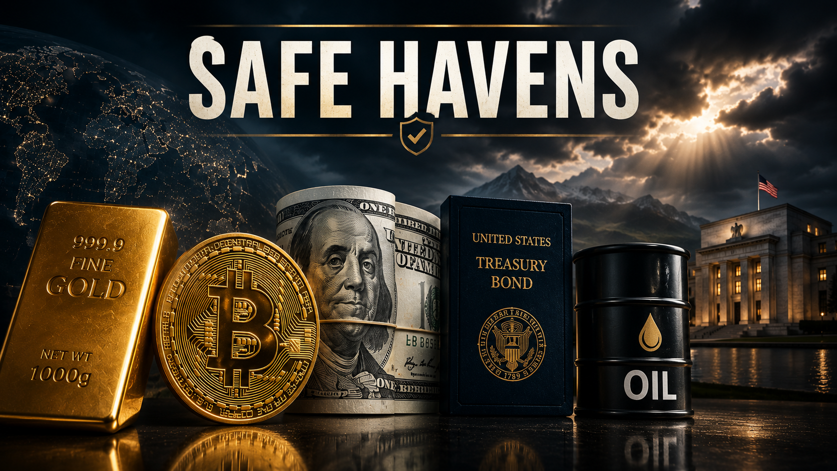 Gold, Bitcoin, U.S. Treasury bonds, dollar assets and oil representing safe-haven investments during inflation and market volatility.