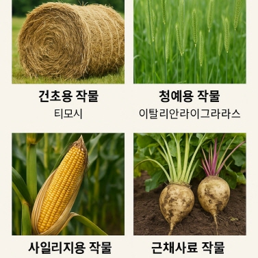 건초용작물 티모시의 건초더미 청예용작물 이탈리안라이그라라스의 초록색 물결과 사일리지용 작물인 노란옥수수와 근채사료 작물인 순무2개