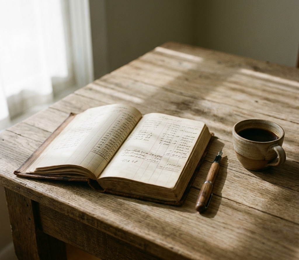 따뜻한 자연광 아래 나무 테이블 위에 펼쳐진 손글씨 회계장부와 빈티지 펜, 커피잔이 놓인 금융 분석 업무 공간의 자연스럽고 전문적인 사진