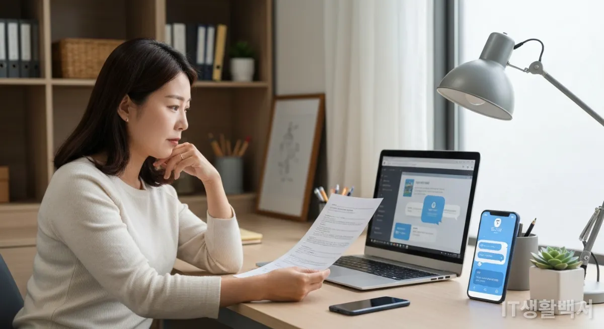 AI 챗봇을 통해 맞춤형 정보를 큐레이션하는 여성이 컴퓨터를 보는 모습