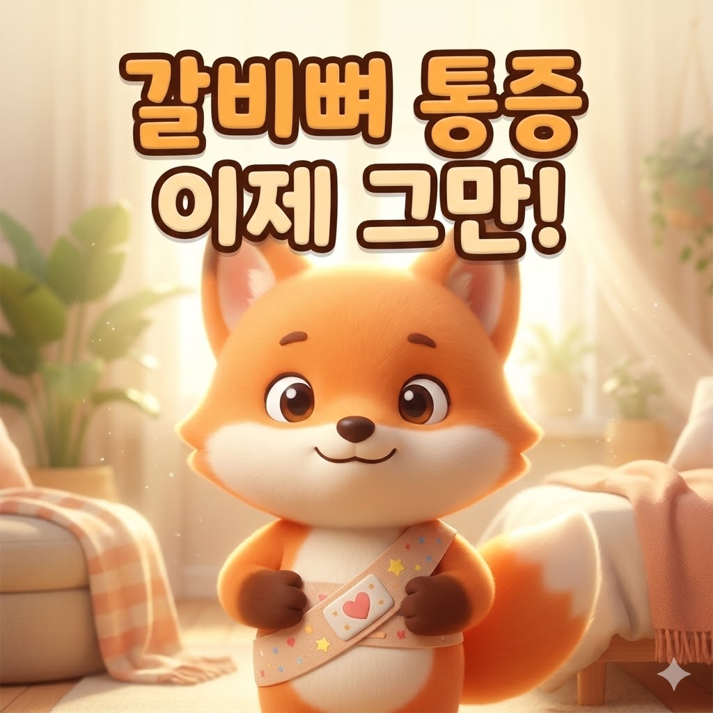 반창고를 붙인 귀여운 캐릭터가 갈비뼈 부위를 조심스럽게 감싸고 있는 3D 카툰 일러스트. '갈비뼈 통증 이제 그만!'이라는 문구가 함께 있다.