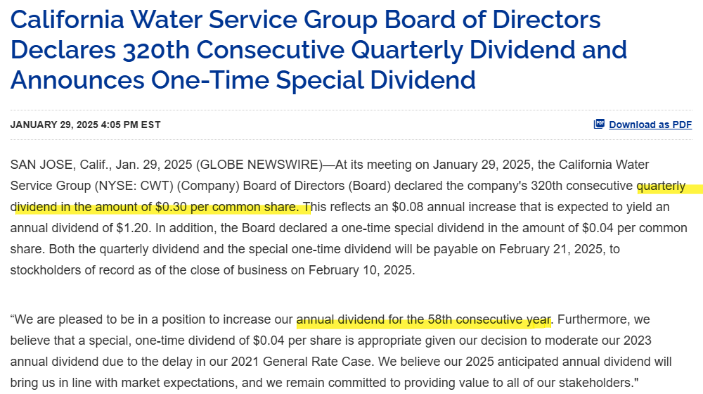 캘리포니아 워터 서비스(California Water Service Grup, CWT) 분기배당 0.3달러 58년 연속 배당성장 보도자료