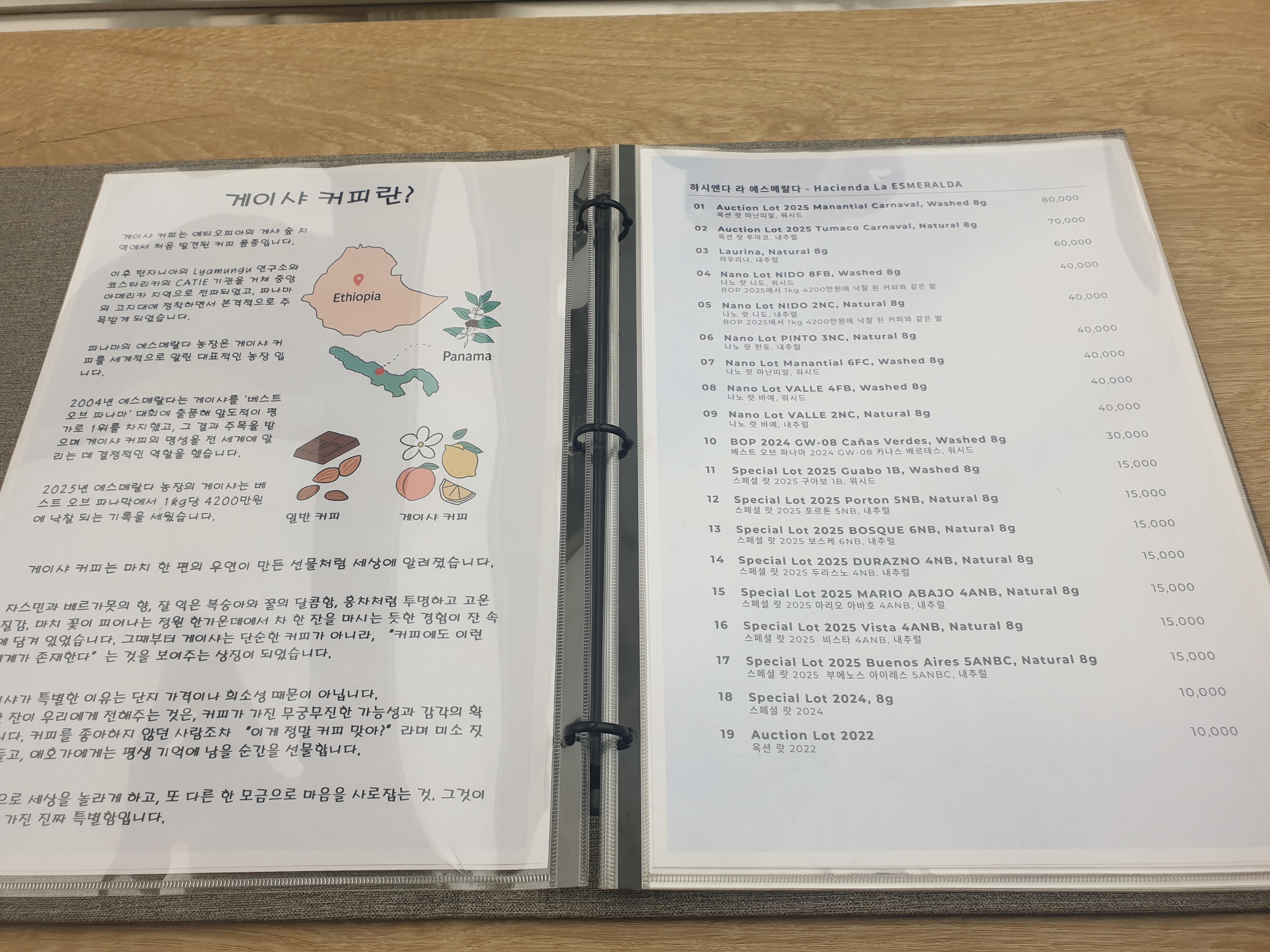 게이샤 커피에 대한 설명과 원두들. 고가 원두들도 보인다.