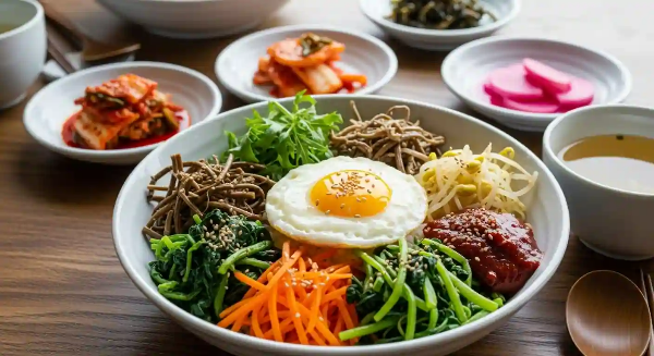 입춘 절기에 먹는 봄나물 비빔밥이 식탁 위에 다른 반찬들과 함께 놓여 있음.