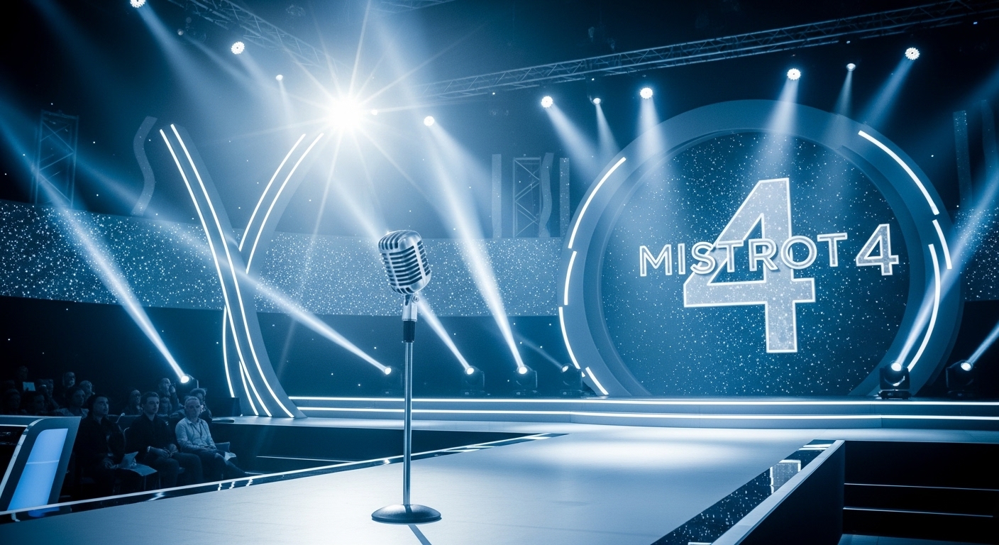 2025년 미스트롯4의 화려한 무대, 빛나는 조명 아래 마이크가 놓여 있고 관객들의 열기가 느껴지는 모습. 트로트 오디션의 기대감과 설렘을 표현.