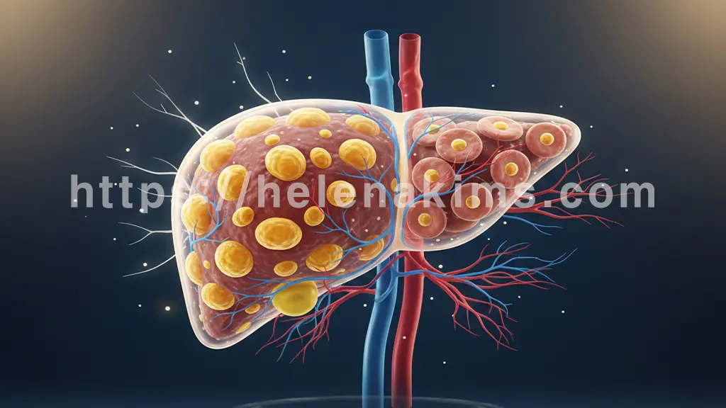 인체 해부학적 간 모형이 투명하게 보이고, 그 안의 간세포에 지방 방울이 과도하게 축적된 모습과 건강한 간세포를 대비하여 보여주는 그래픽 이미지.
