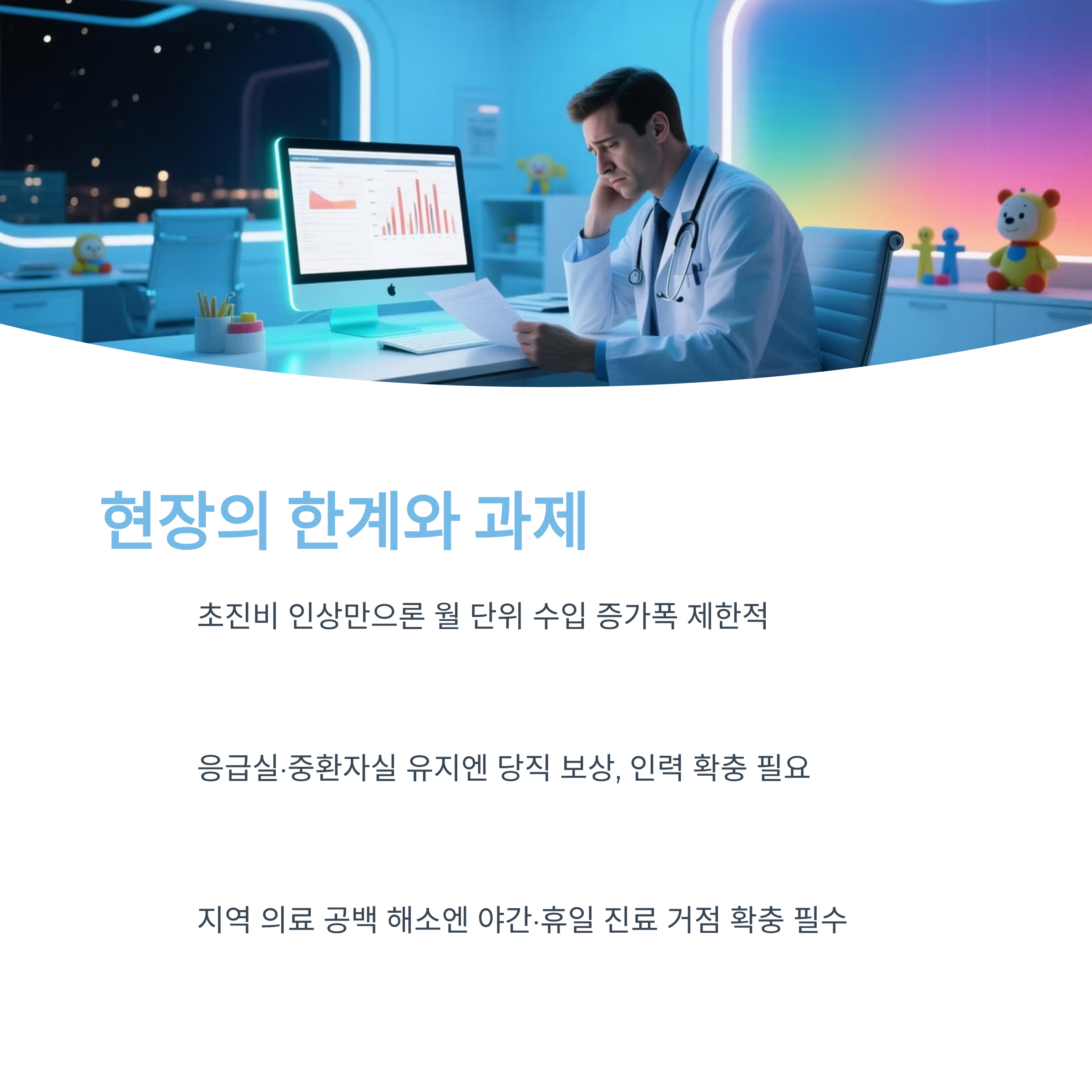 의사가 고민하며 모니터를 보는 장면, 현장의 한계와 과제 안내 인포그래픽