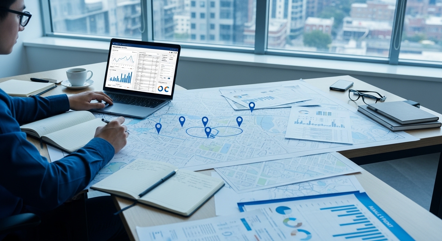 노트북과 여러 서류를 펼쳐놓고 부동산 시세를 꼼꼼하게 조사하는 사람의 모습. 철저한 임장 활동과 시세 분석의 중요성을 나타냅니다.