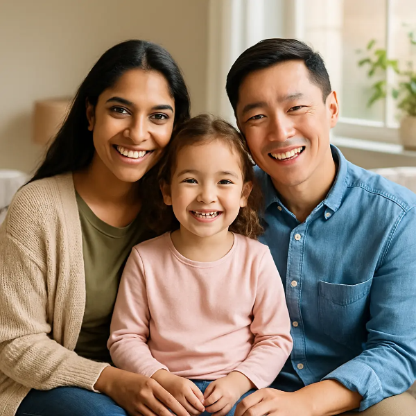 햇살 가득한 거실에서 다정하게 소파에 앉아 있는 다문화 가족(남아시아계 엄마, 동아시아계 아빠, 딸)의 자연스럽고 행복한 포트레이트, 텍스트 없음
