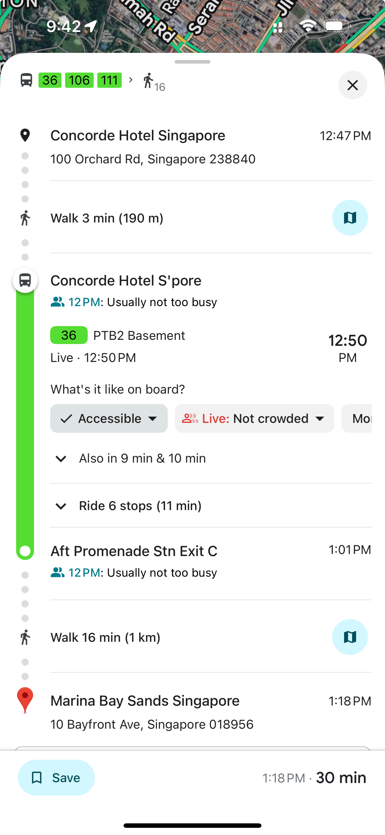 구글맵에서 한 버스옵션을 선택할 때, 그 경로는 보여주는 화면 스크린 샷