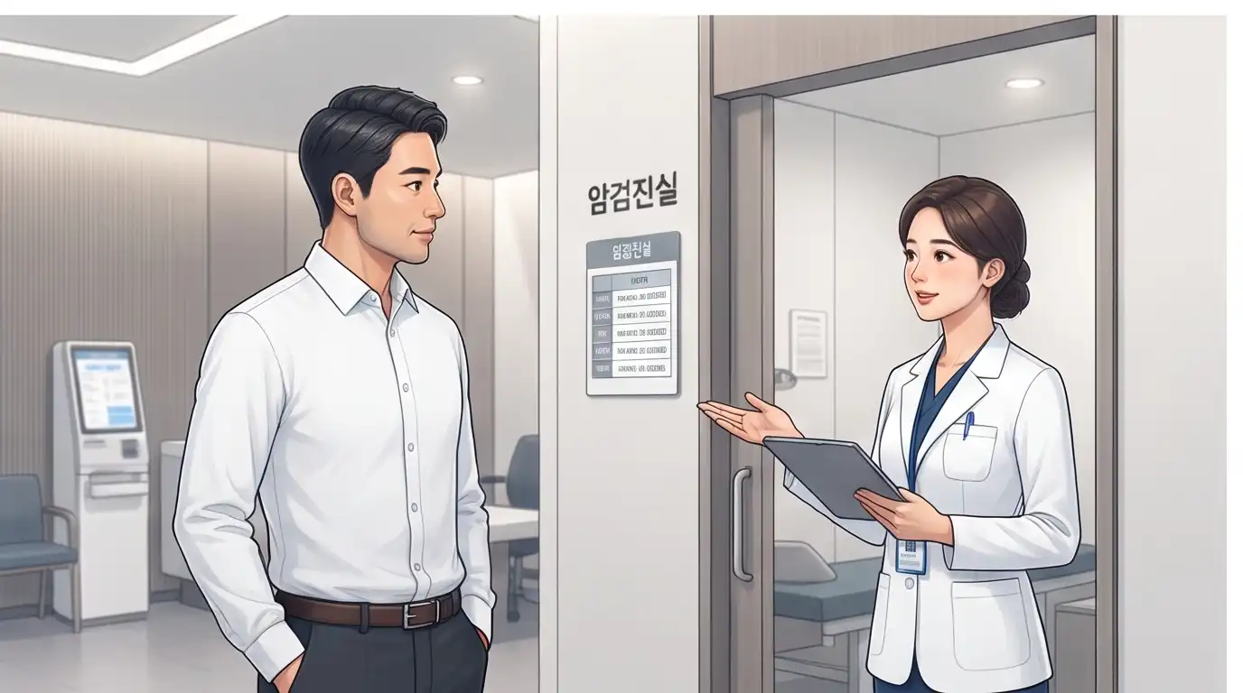 병원 암검진실 앞에서 태블릿을 든 여성 의료진과 안내를 받는 남성 직장인의 모습