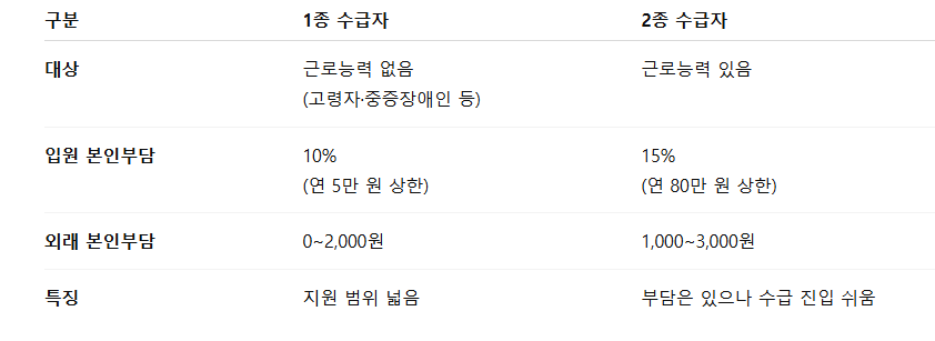 의료급여 1종 vs 2종 차이 표
