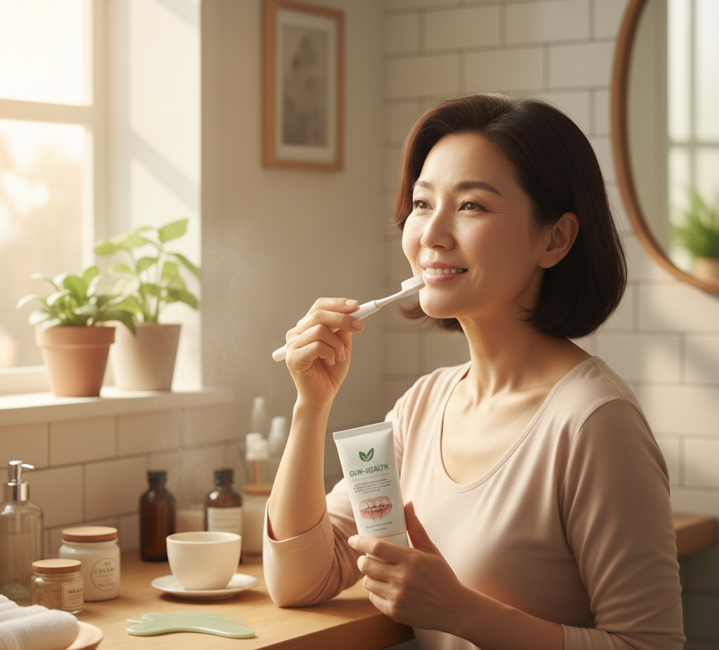 욕실에서 칫솔로 잇몸 관리를 하는 중년 여성의 구강 건강 루틴 모습