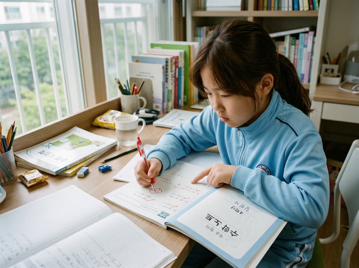 자신이 푼 수학 문제와 오답을 꼼꼼히 점검하는 학생