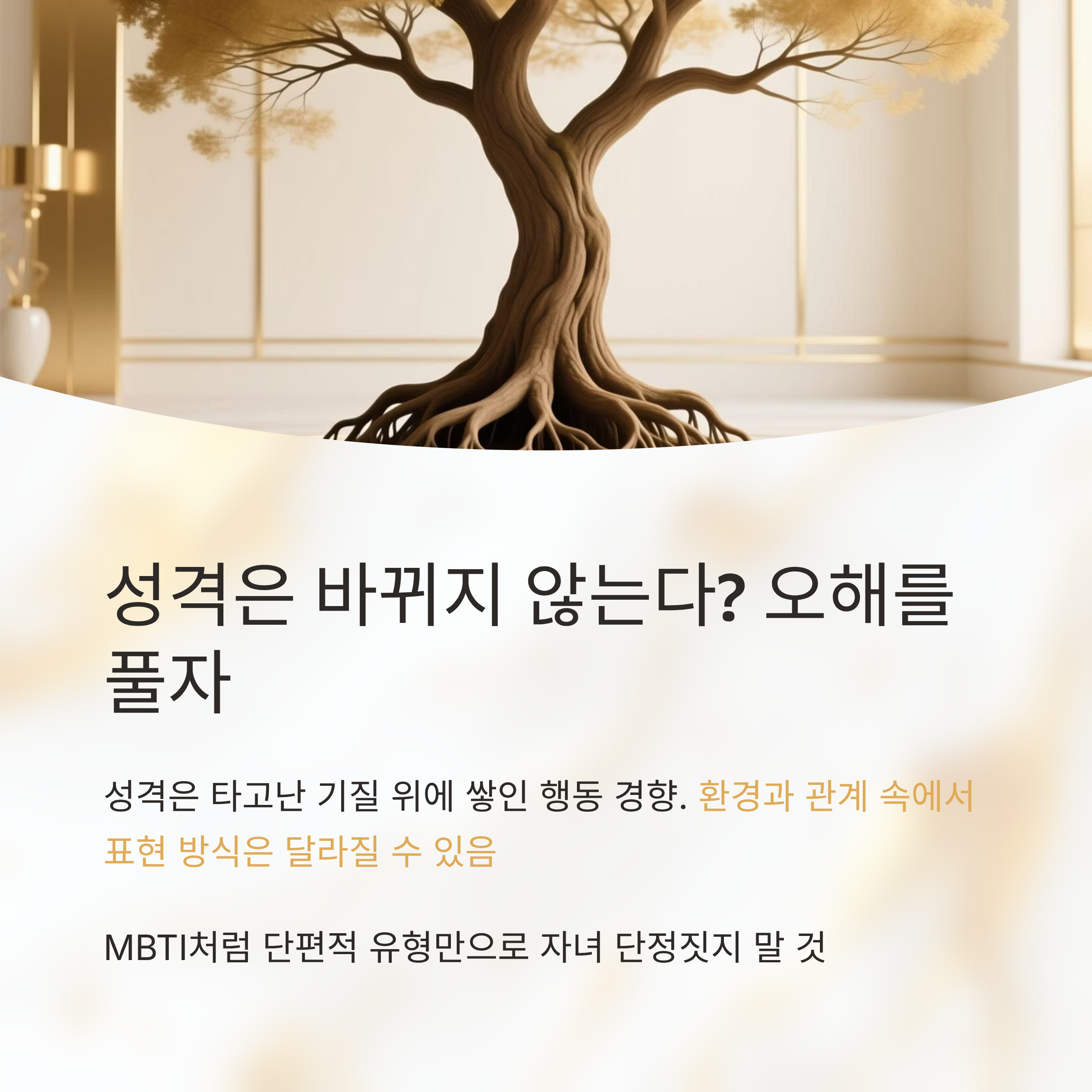 성격은 바뀌지 않는다는 오해를 풀며, 환경과 관계 속에서 표현 방식이 달라질 수 있음을 설명하는 이미지