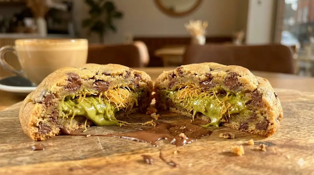 피스타치오 스프레드와 카다이프면이 들어간 두바이 스타일 쫀득 쿠키 단면과 편의점 디저트 추천