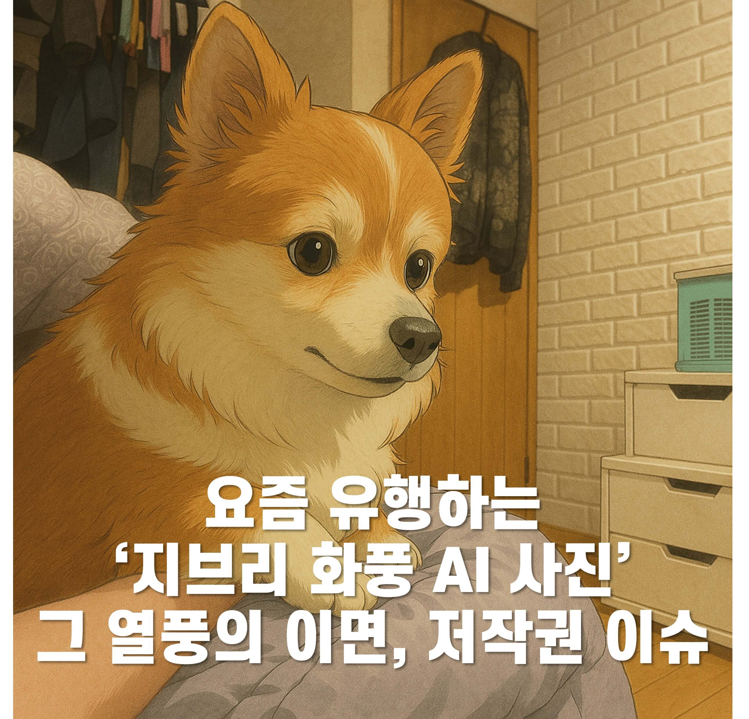 &quot;요즘 유행하는 ‘지브리 화풍 AI 사진’🌸 그 열풍의 이면, 저작권 이슈!&quot; 썸네일. 강아지 사진을 AI 활용해 지브리 화풍으로 바꾼 이미지.