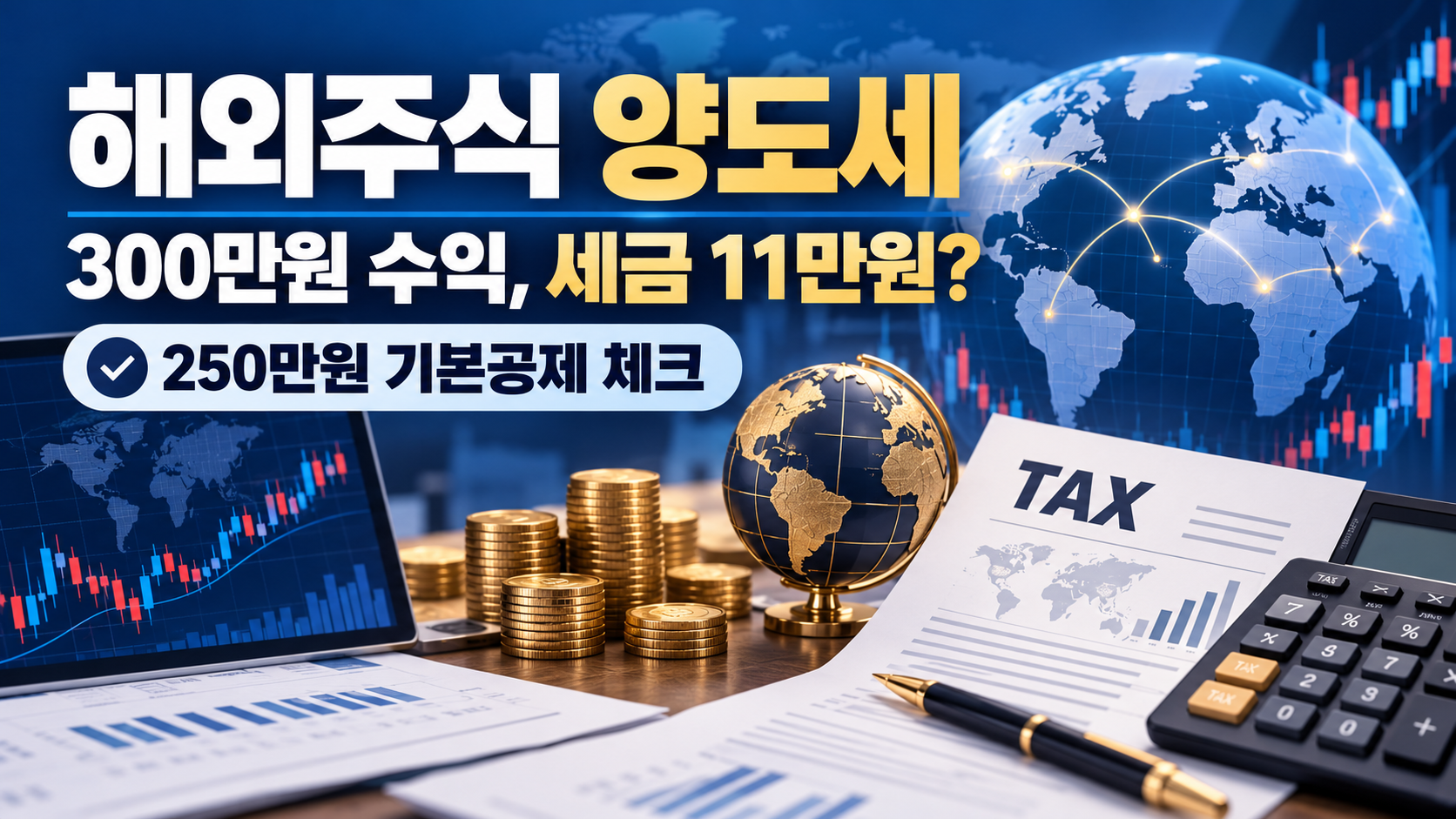 해외주식 양도세 300만원 수익과 250만원 기본공제에 따른 가상 세액 계산 안내 이미지