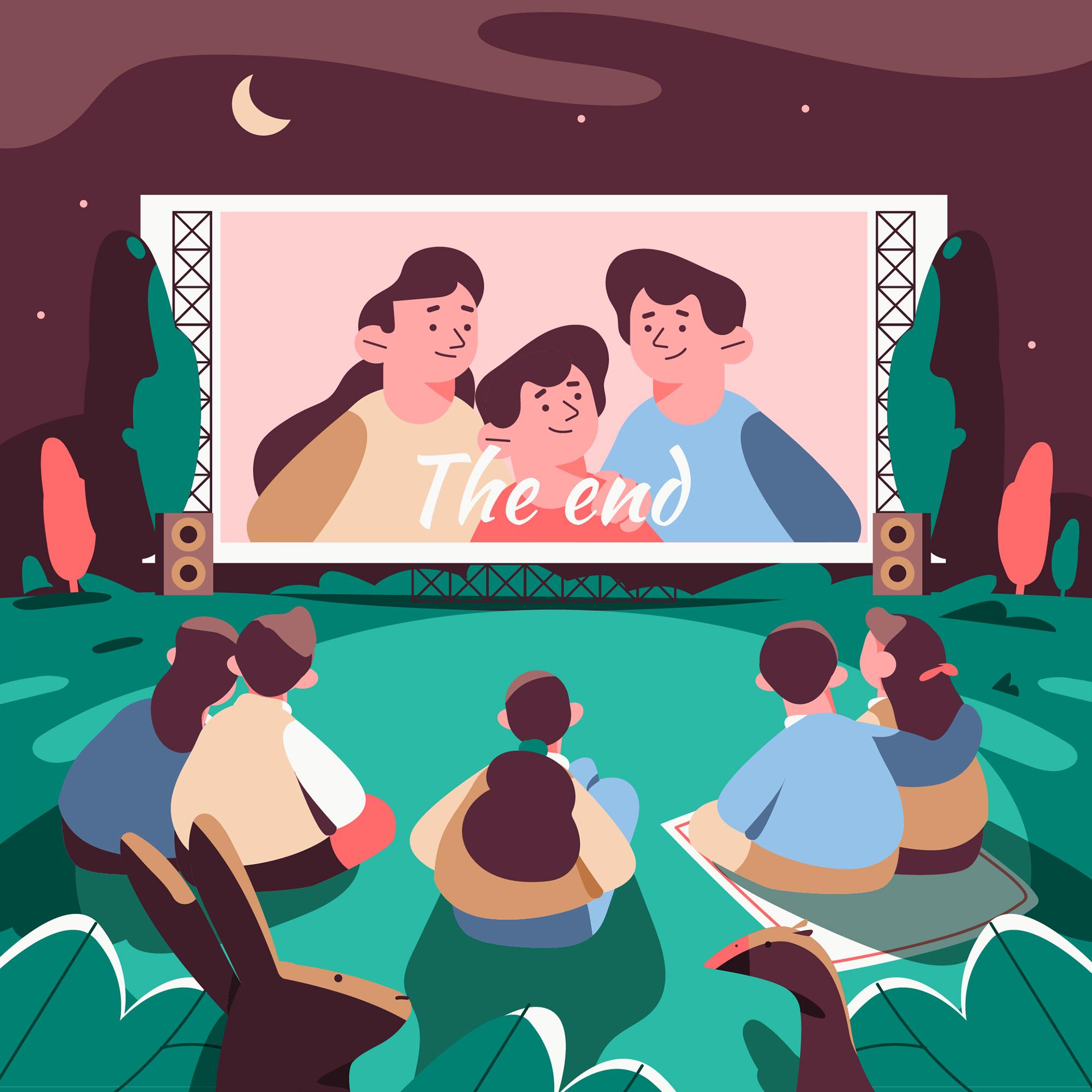 빔프로젝트로 야외에서 영상을 보는 일러스트