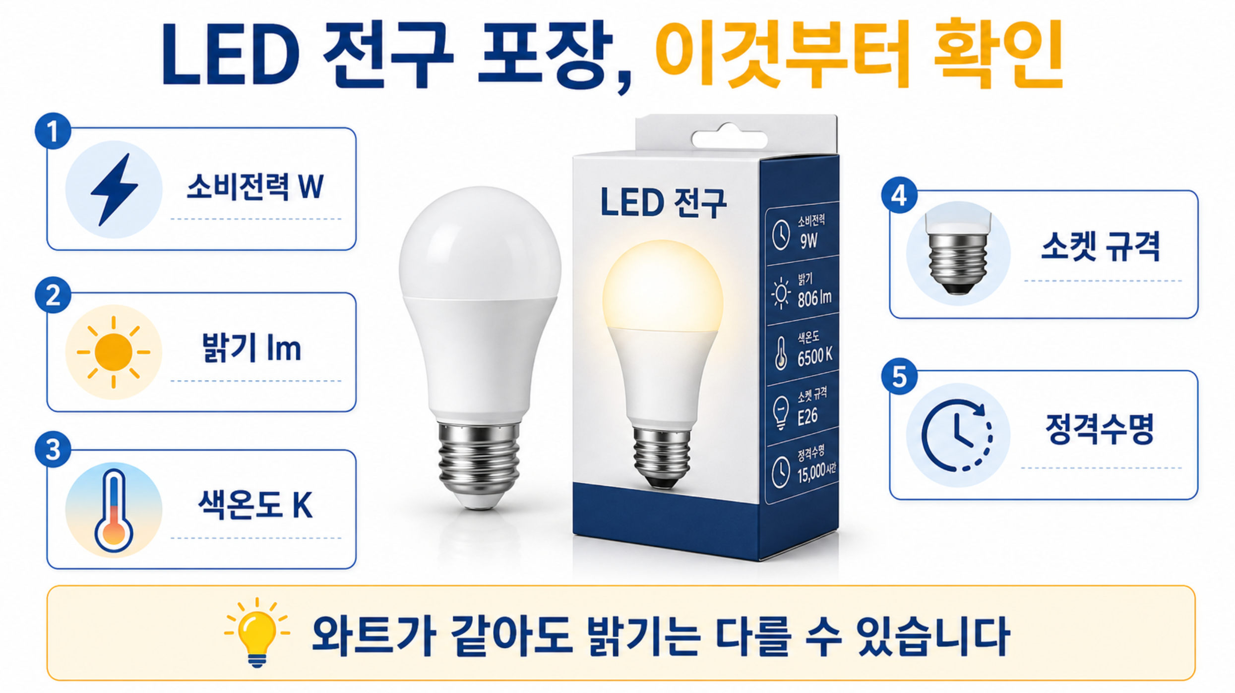 전구 포장에서 소비전력, 밝기, 색온도와 소켓 규격을 확인하는 방법