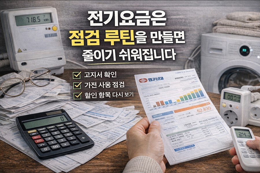 전기요금을 줄이기 위해 고지서, 대형 가전 사용 패턴, 할인 항목을 함께 점검하는 2026 체크리스트 이미지