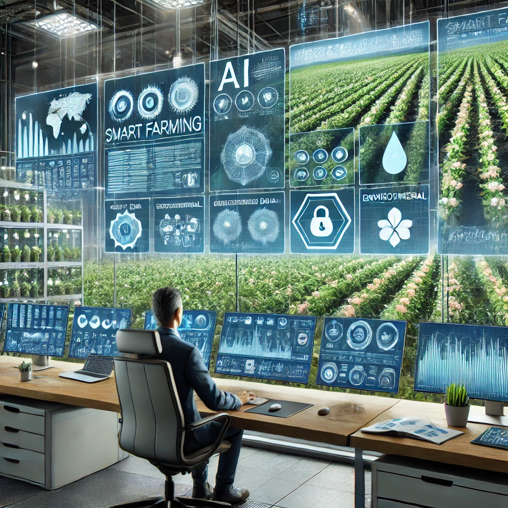 AI와 IoT 센서가 장착된 스마트팜에서 작물 데이터를 분석하는 장면