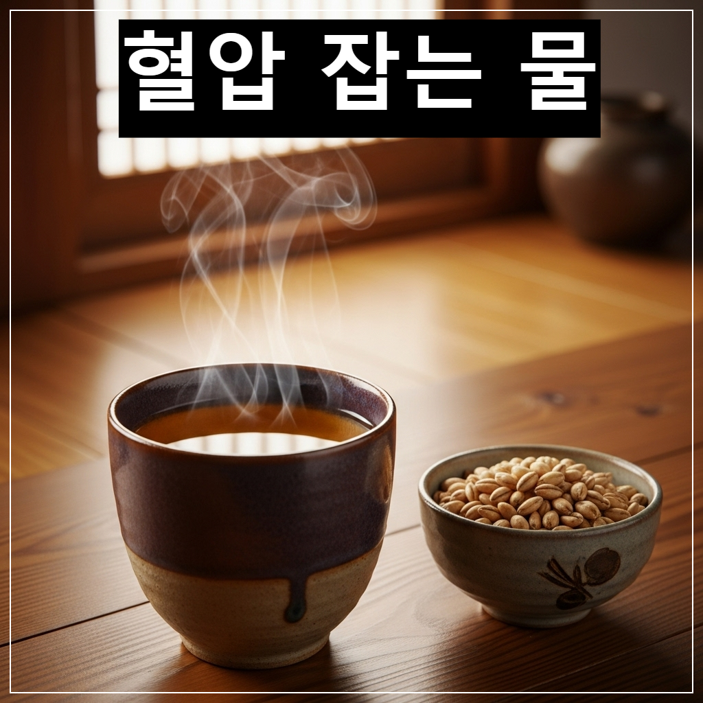 한국 전통 나무 테이블 위에 정갈하게 놓인 김이 모락모락 나는 구수한 보리차 한 잔과 볶은 보리알들이 담긴 건강한 분위기의 사진
