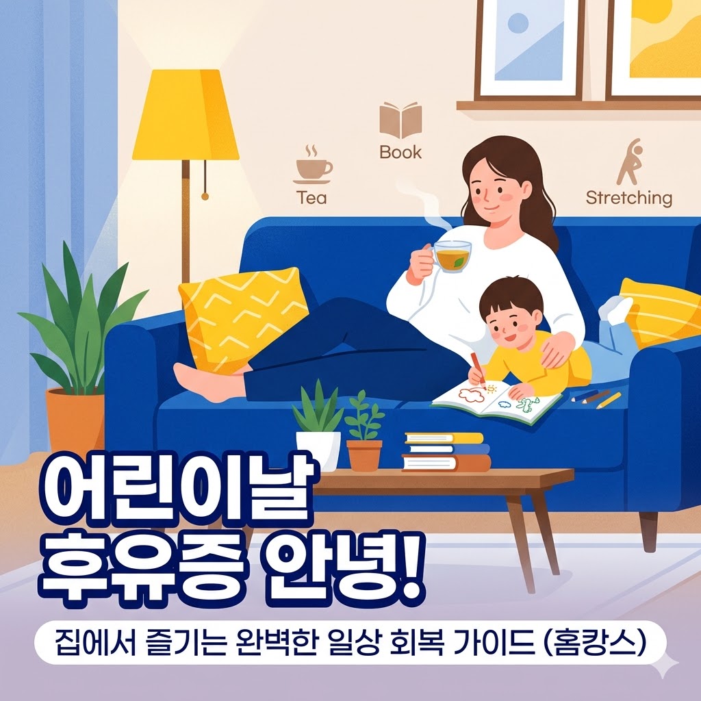 편안한 거실에서 소파에 기대어 휴식을 취하며 차를 마시는 아늑한 일러스트 이미지