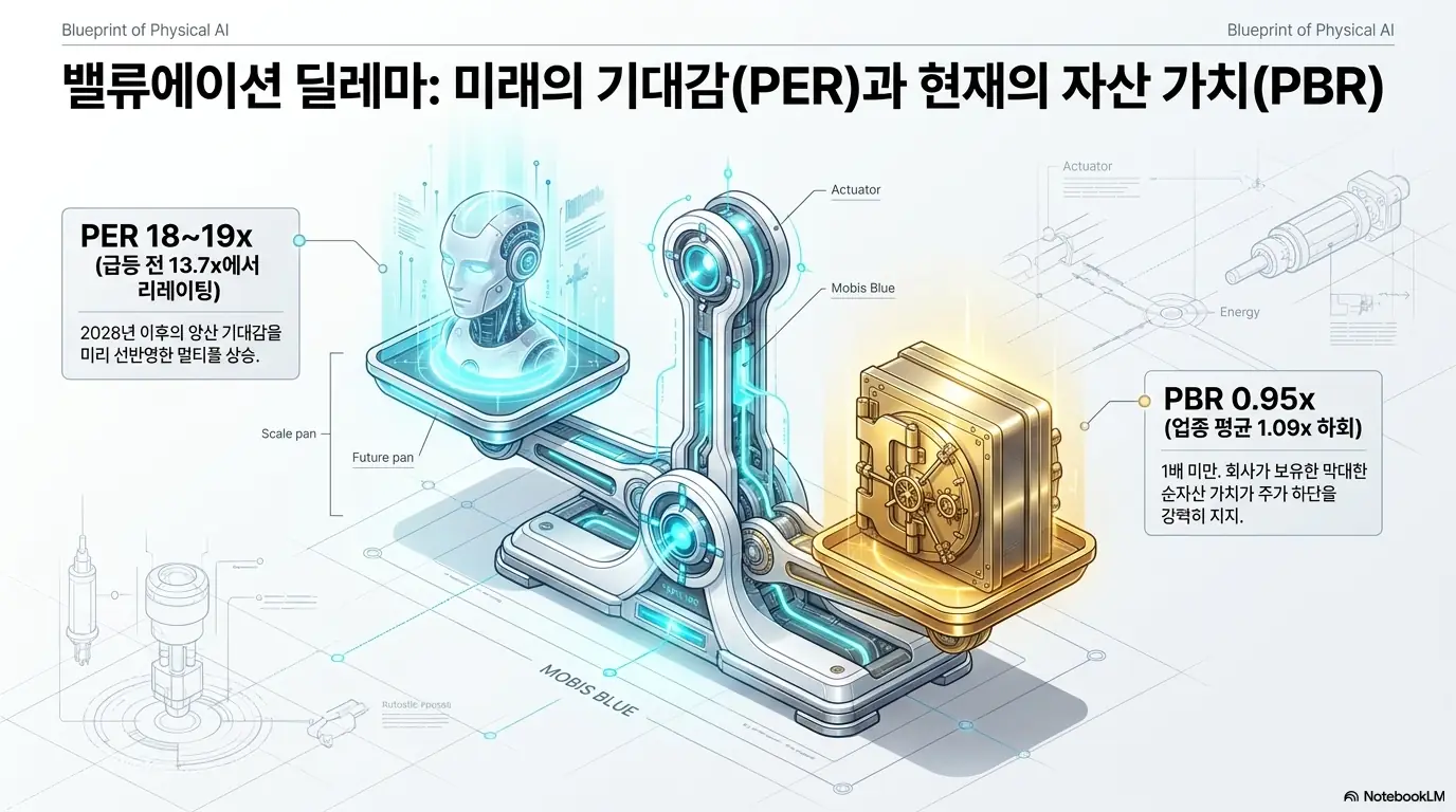 현대모비스 주가 전망: &amp;#39;밸류에이션 딜레마&amp;#44; 미래의 기대감 PER과 현재의 자산 가치 PBR&amp;#39;이라는 문구가 포함된 인포그래픽 이미지. 이 이미지는 현대모비스 PER이 급등 전 13.7배에서 18~19배로 리레이팅된 흐름과 PBR 0.95배의 자산 가치 해석을 시각적으로 전달하며&amp;#44; 블로그의 현대모비스 주가 전망과 관련된 내용을 설명함