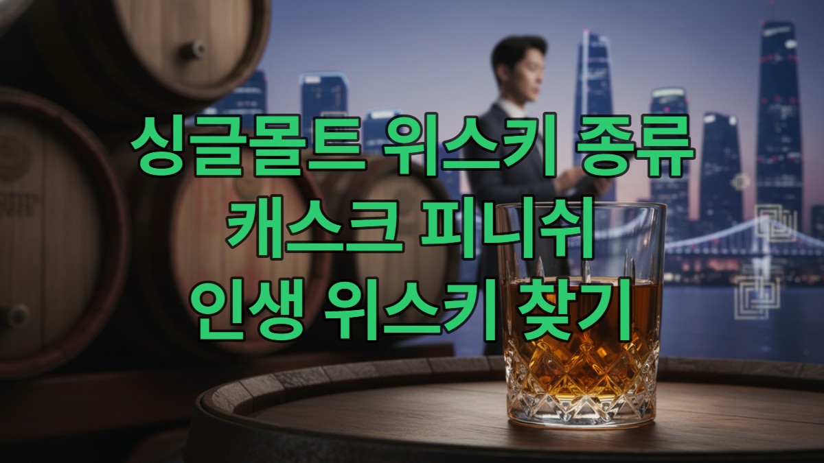 2026년 위스키 시장을 상징하는, 깊은 호박색 싱글 몰트 위스키 한 잔과 다양한 캐스크가 어우러진 현대적인 한국 배경의 이미지.