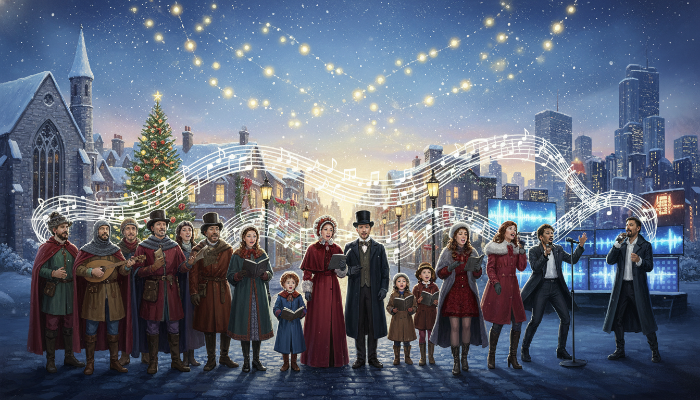 캐럴의 역사적 변천을 담은 예술적인 이미지. 중세부터 현대까지 다양한 시대의 사람들이 즐겁게 캐럴을 부르는 모습과 함께, 배경에는 각 시대의 건축물과 겨울 풍경이 어우러져 있습니다.