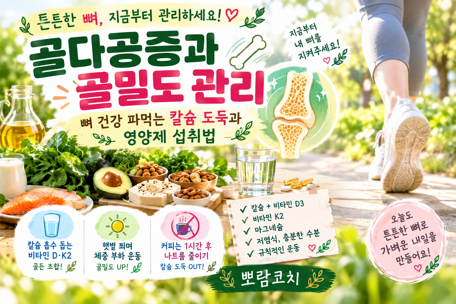 따뜻한 햇살이 내리쬐는 야외 산책로를 단정하고 건강하게 걸어가는 모습
 칼슘과 비타민이 풍부한 신선한 푸른 잎채소, 둠부, 견과류가 정갈하게 담긴 건강 식탁