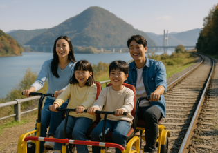 레일바이크를 타면서 즐거워하는 가족 모습