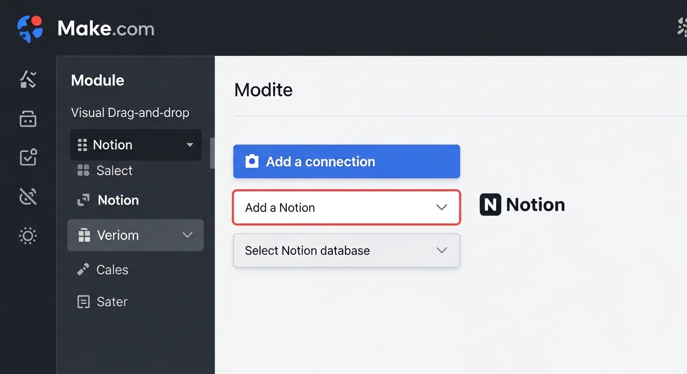 Make(메이크) 인터페이스에서 Notion(노션) 연결을 설정하는 화면