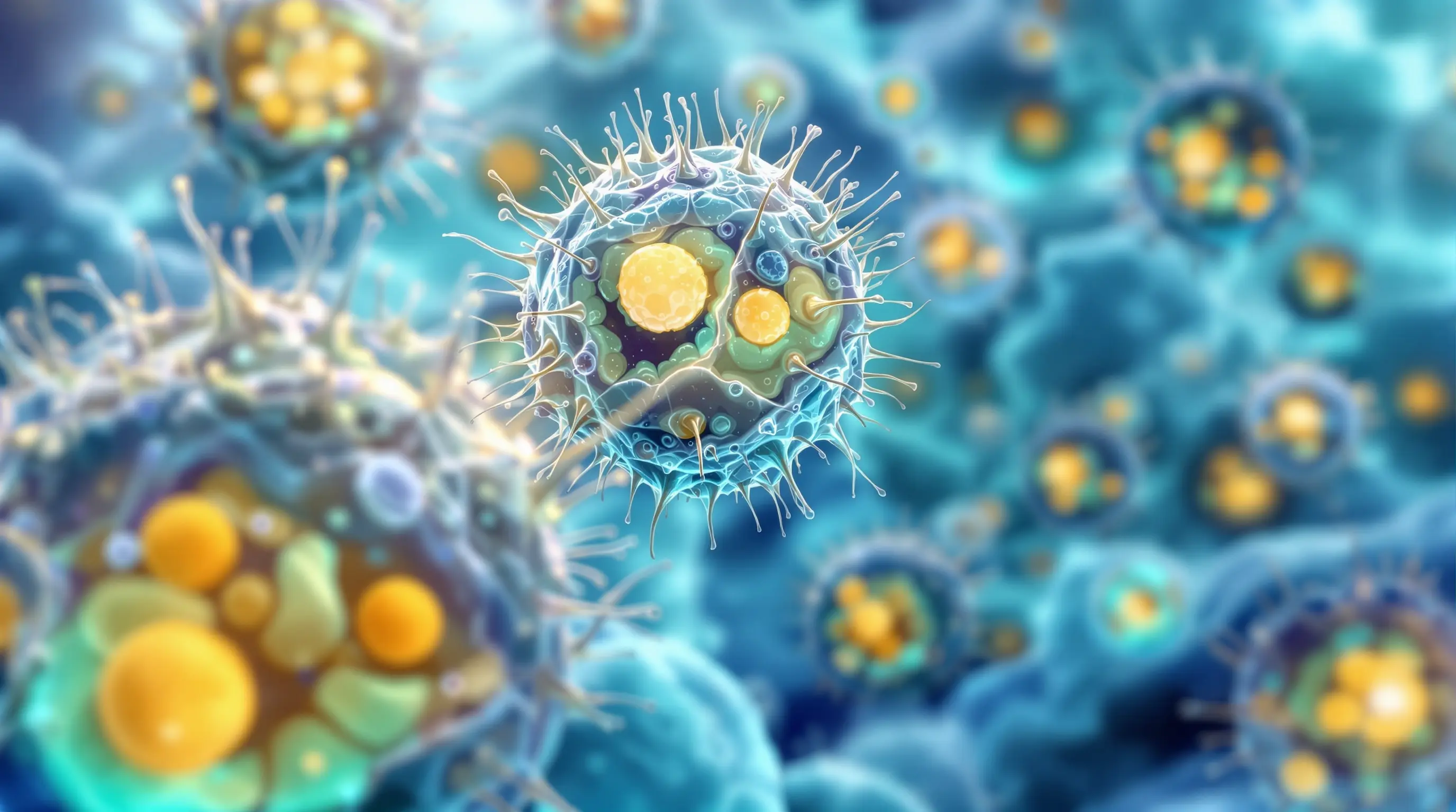 노화된 세포가 커지고 핵이 불규칙해진 모습을 나타내는 과학적 일러스트