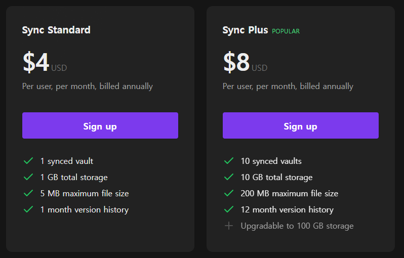 옵시디언 동기화 연간결제시 금액 및 기능을 설명한 이미지입니다.