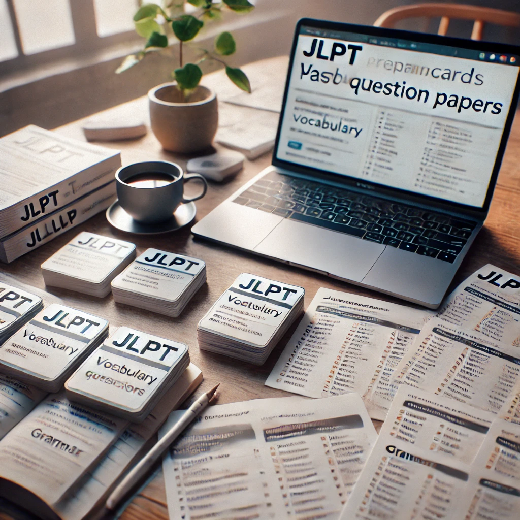 JLPT 준비 자료로 가득 찬 책상의 모습