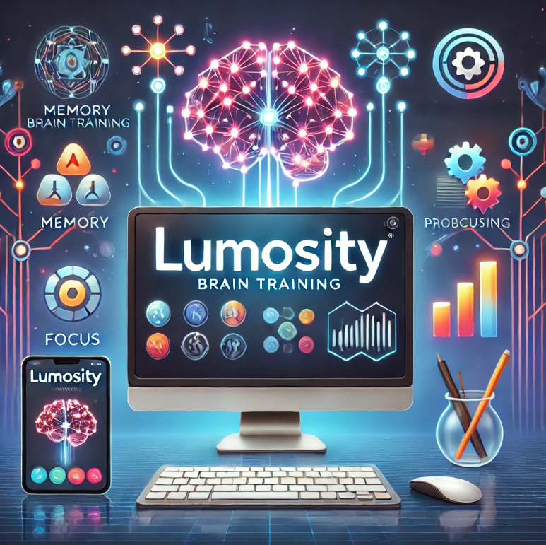 두뇌 활동과 인지 훈련을 상징하는 디지털 요소가 포함된 전문적인 디자인이 포함된 Lumosity 의 대표 이미지