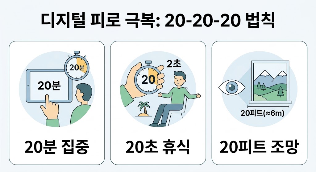 눈 피로를 해소하는 20-20-20 법칙을 시각화한 심플한 인포그래픽입니다. 20분 디지털 기기 사용 후, 20초간 휴식하며, 20피트 거리의 먼 곳을 바라보는 세 단계를 플랫 디자인 아이콘으로 구성했습니다. 타이머와 눈 모양 기호를 활용해 누구나 쉽게 실천 방법을 이해할 수 있도록 명확하게 표현했습니다.