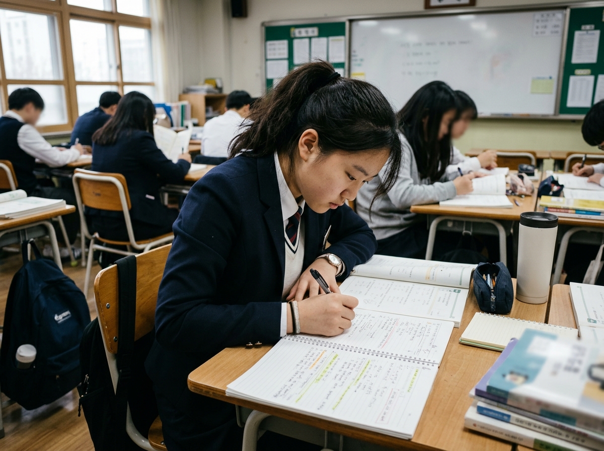 문제집을 풀거나 학습 노트를 작성하는 한국 중학생